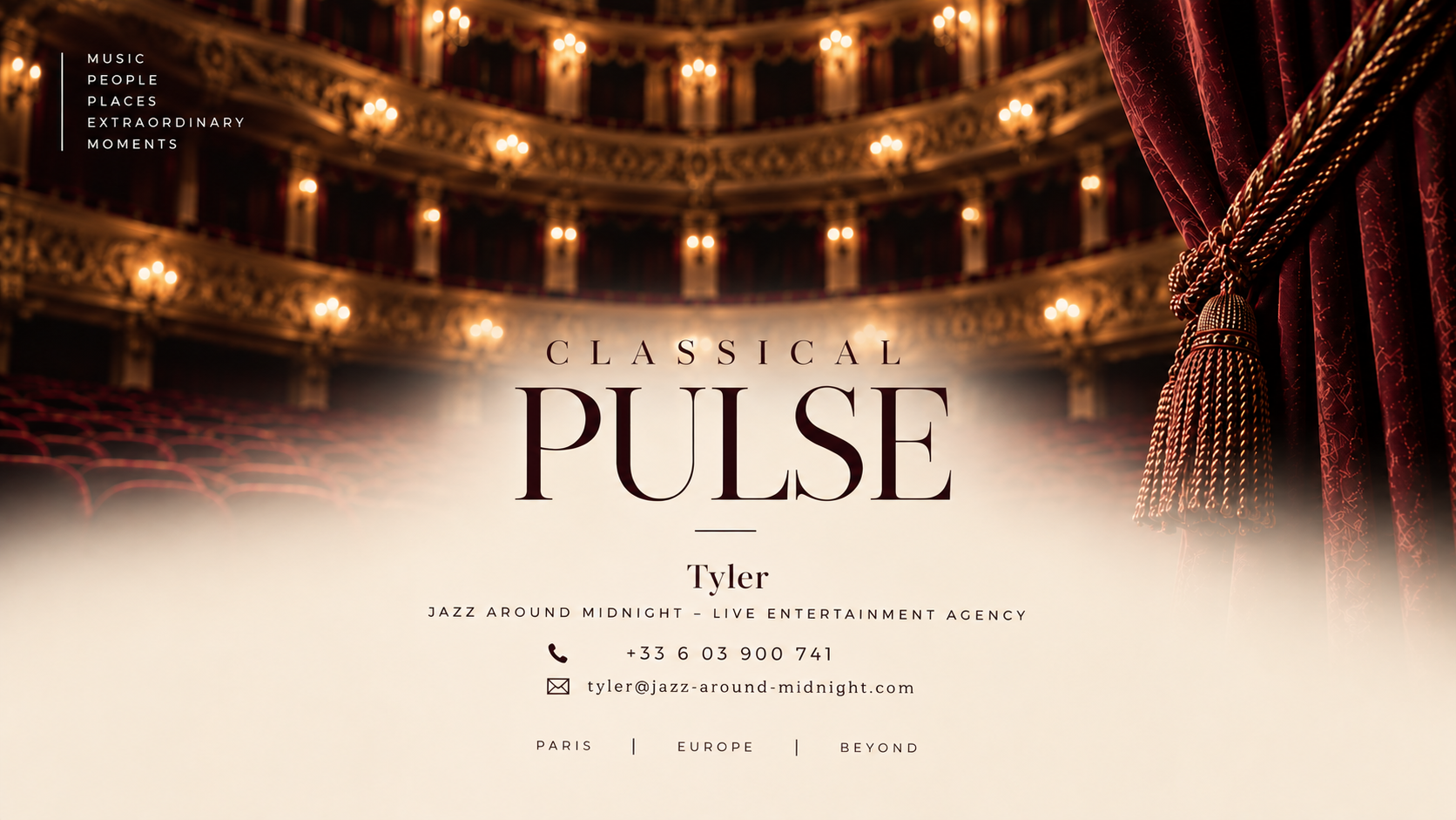 Classical Pulse contact page with Tyler's Jazz Around Midnight contact details