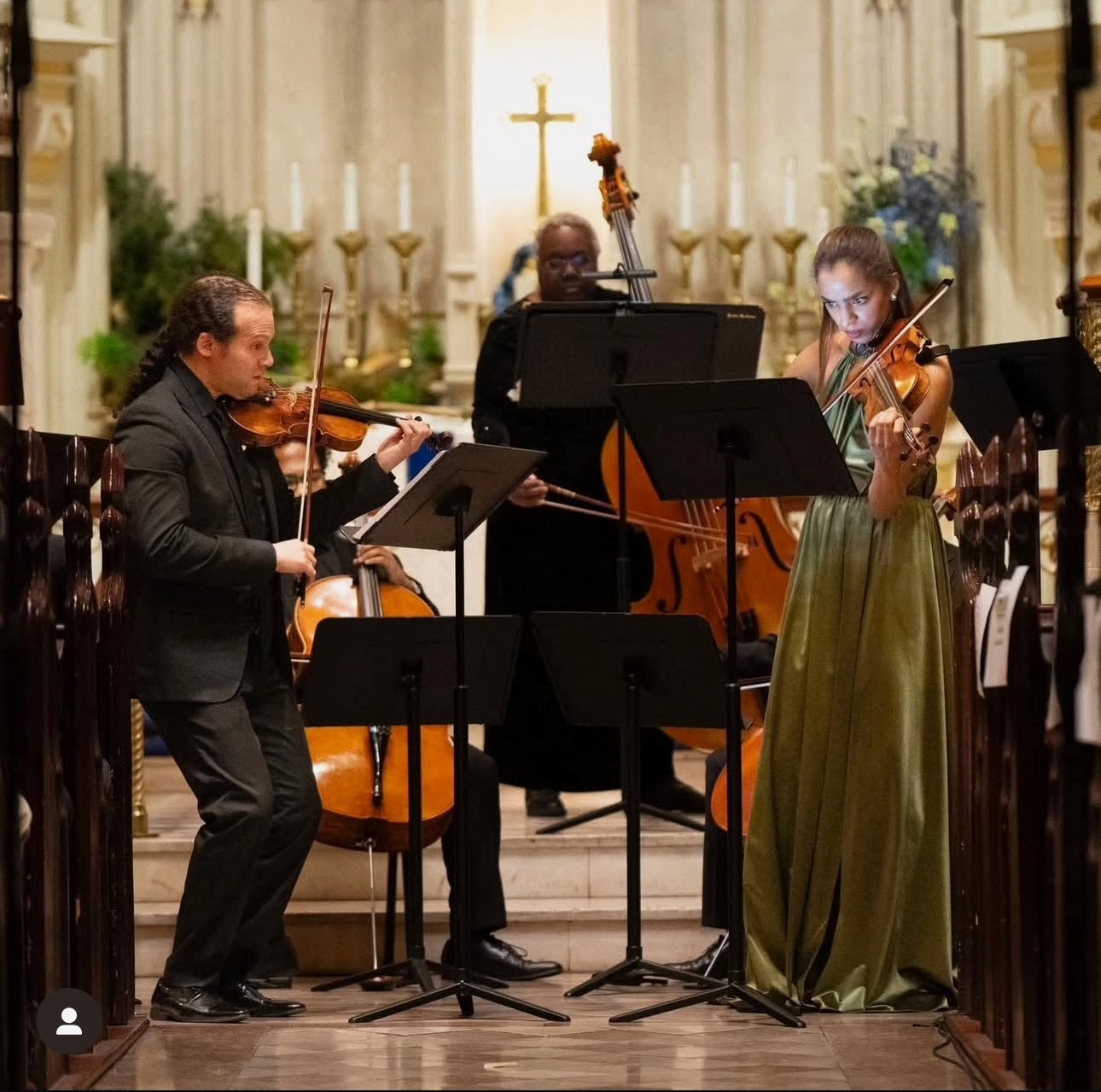 String quartet performing in a historic chapel