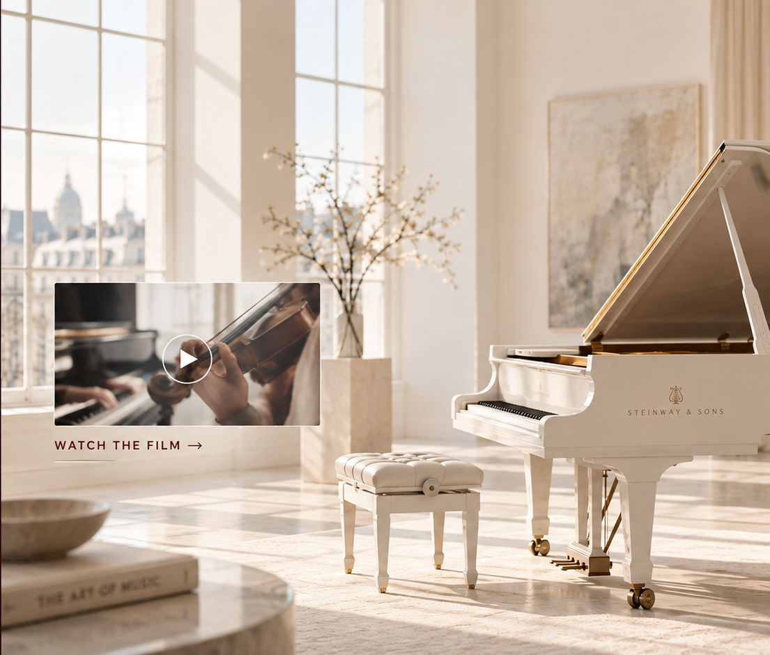 Violin and grand piano in a luminous classical interior